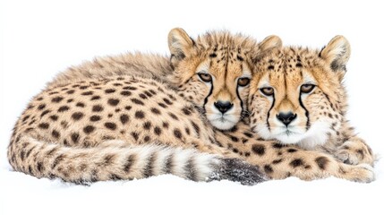 Two cheetahs resting closely together on a snowy surface, showcasing their unique fur patterns