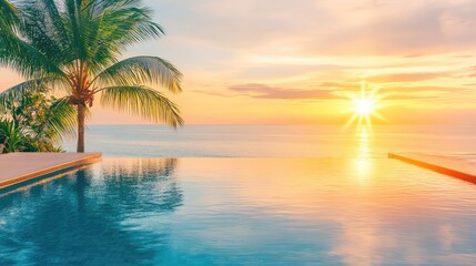Fototapeta premium A luxurious infinity pool overlooking the ocean, reflecting the golden hues of a tropical sunset, serene summer vacation background with copy space.