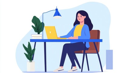 Woman Working on Laptop at Desk in Bright Room