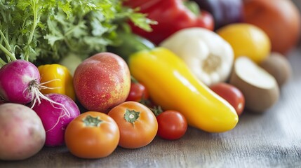 Close-up of vibrant fresh vegetables and fruits on wooden table, symbolizing healthy blood pressure foods, emphasizing natural nutrition and wellness.
