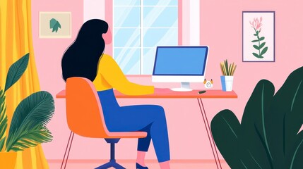 Woman Working at Home Office in Pink Room with Plants