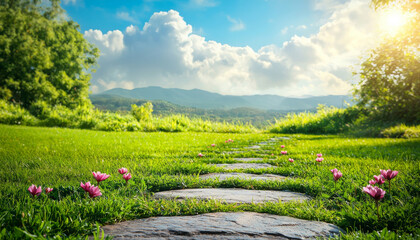 Obraz premium serene pathway lined with flowers leads through lush green landscape under bright sky