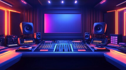 Naklejka premium Neon-lit recording studio with mixing console, speakers, and monitors.