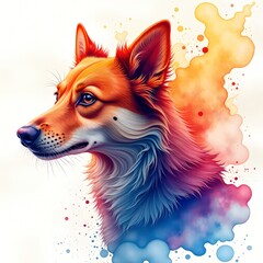 Naklejka premium Red dog or fox painted in watercolor technique