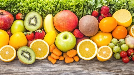Close-up of vibrant fresh vegetables and fruits on wooden table, symbolizing healthy blood pressure foods, emphasizing natural nutrition and wellness.
