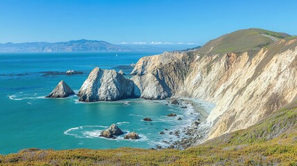 A scenic coastal road winding along a rocky cliffside, overlooking the deep blue ocean, road trip travel background with copy space.