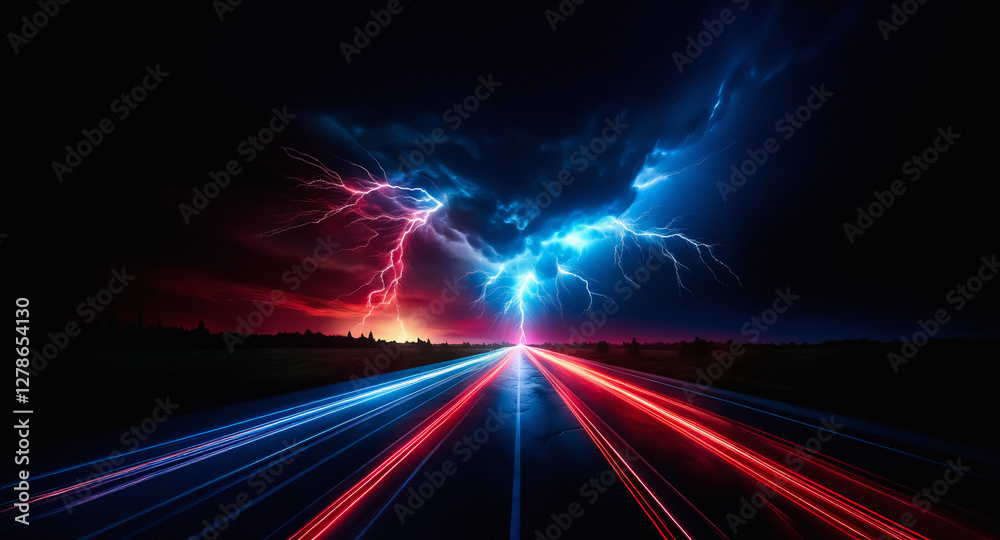 Poster a dramatic night scene unfolds with vibrant red and blue lightning illuminating a dark sky above a r