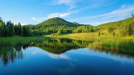 Obraz premium A scenic mountain lake reflecting the surrounding greenery and blue sky, peaceful summer retreat background with copy space.
