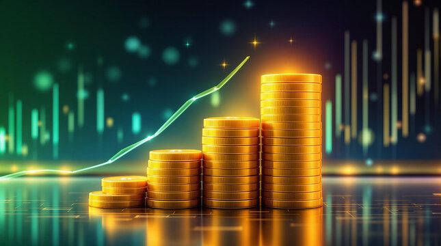 Pilhas crescentes de moedas douradas com s&iacute;mbolo de Bitcoin em um fundo tecnol&oacute;gico, destacando crescimento financeiro e investimentos em criptomoedas.