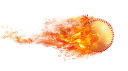 Burning baseball ball flying with flames isolated on white and transparent background, cut out png