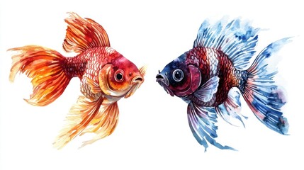 Fototapeta premium Watercolor Goldfish Pair Red and Blue Koi Fish Art