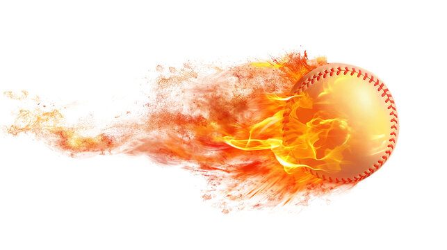 Burning baseball ball flying with flames isolated on white and transparent background, cut out png