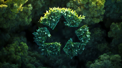 Eco-Conscious Symbol: The iconic recycling symbol, meticulously crafted from vibrant green leaves, takes center stage against a backdrop of dense, flourishing forest.