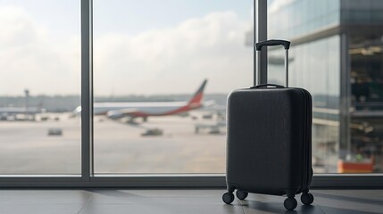 A sleek black suitcase with a laptop bag placed near a large airport window, overlooking the runway, perfect business travel copy space.