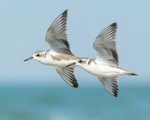 Coastal birds in flight over water