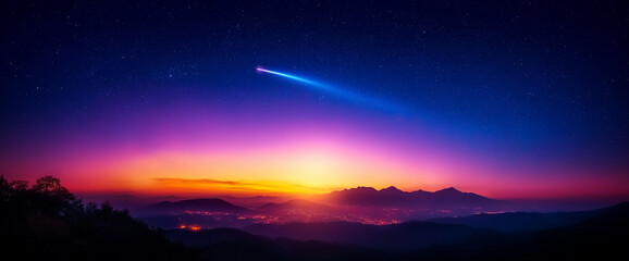 Fototapeta premium bright comet with blue tail streaks across night sky, illuminating vibrant colors of twilight over mountainous landscape. scene evokes sense of wonder and tranquility