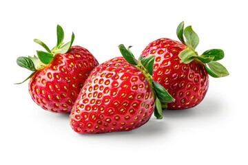 Three ripe red strawberries with green leaves isolated on white