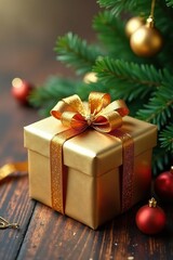 Ornamented gift wrapped evergreen branches, golden ornaments and bow, evergreen, gift