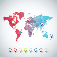 World map with colorful pointer marks, abstract map, vector file