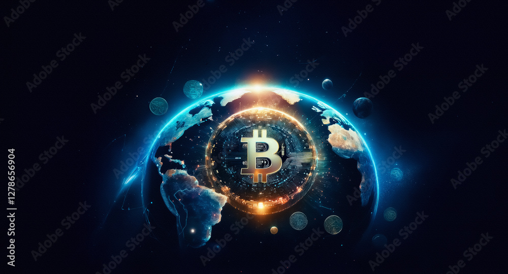 Aufkleber a glowing bitcoin symbol dominates a digital globe in space. smaller glowing circles orbit the earth