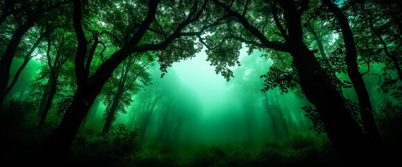 Fototapeta premium dark, eerie forest with twisted trees and mysterious fog enveloping scene creates unsettling atmosphere. dense greenery adds to enchanting yet haunting vibe