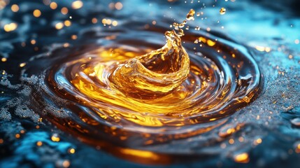Close-up of swirling whiskey liquid, glowing amber and gold textures with crisp details in ultra HD 4K for a luxurious wallpaper