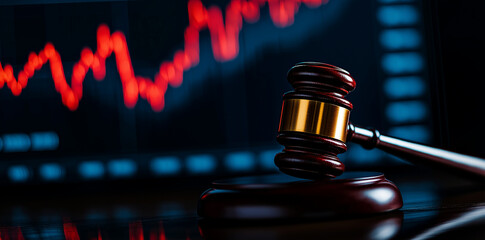 gavel rests on wooden desk with stock market chart in background, symbolizing intersection of law and finance. red graph indicates market fluctuations