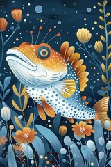 Fototapeta premium A whimsical illustration of a colorful fish surrounded by vibrant aquatic plants and flowers.