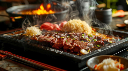 Teppanyaki Wagyu Beef Steak with Garlic Fried Rice, Grilled Vegetables, and Dipping Sauces