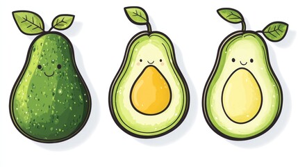 Three Cute Cartoon Avocado Halves for food blog or eco-friendly kitchen products