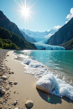 Plage de galets recouverts par un glacier naturel, paysage, soleil