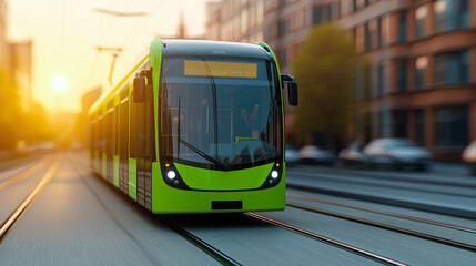 Obraz premium modern green tram moving along tracks in city during sunset, showcasing urban transportation