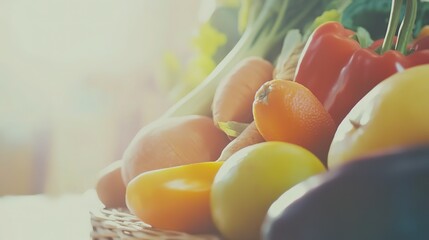 Close-up of vibrant fresh vegetables and fruits on wooden table, symbolizing healthy blood pressure foods, emphasizing natural nutrition and wellness.

