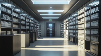 A modern archive room filled with neatly organized shelves of files, illuminated by bright overhead lights, creating a clean and orderly atmosphere.