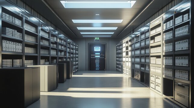 A modern archive room filled with neatly organized shelves of files, illuminated by bright overhead lights, creating a clean and orderly atmosphere.