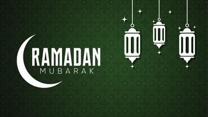 Ramadan Mubarak Vector Design with Islamic Lanterns and Crescent Moon on Green Background