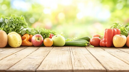 Close-up of vibrant fresh vegetables and fruits on wooden table, symbolizing healthy blood pressure foods, emphasizing natural nutrition and wellness.
