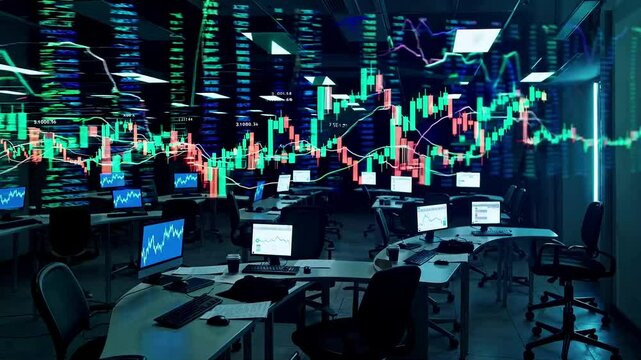 Dark stock trading room, holographic wall of stock market data chart flowing in slow motion
