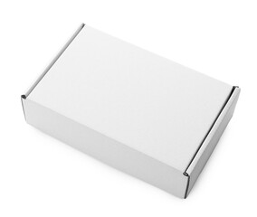 One closed cardboard box isolated on white. Mockup for design
