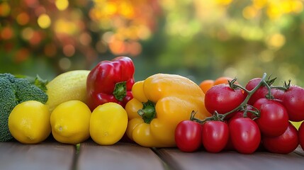 Close-up of vibrant fresh vegetables and fruits on wooden table, symbolizing healthy blood pressure foods, emphasizing natural nutrition and wellness.
