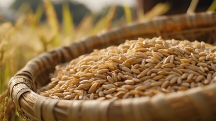 Obraz premium Golden Grain Harvested in Traditional Basket under Warm Sunlight