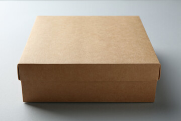 One blank cardboard box on white background, closeup. Mockup for design
