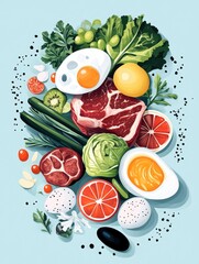 Colorful healthy food assortment on light blue background