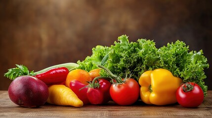 Close-up of vibrant fresh vegetables and fruits on wooden table, symbolizing healthy blood pressure foods, emphasizing natural nutrition and wellness.
