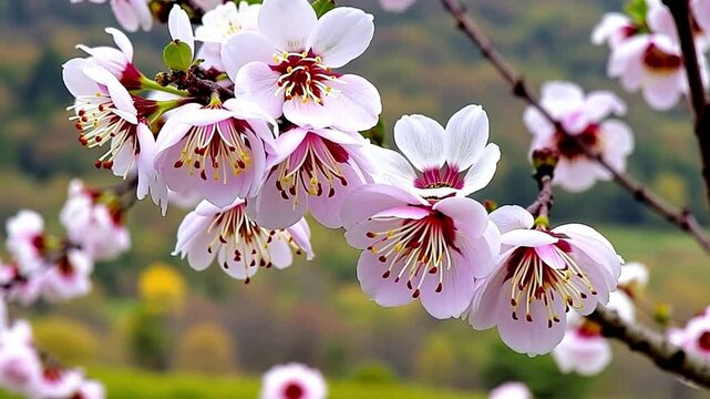 Close-up cherry blossom&rsquo;s blooming with blurred backdrop of spring foliage.

