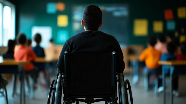 wheelchair user sits in classroom, observing fellow students engaged in learning. atmosphere is focused and inclusive, highlighting importance of accessibility in education