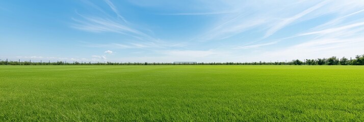 A large, open field of grass with a clear blue sky above. The sky is dotted with clouds, giving the scene a peaceful and serene atmosphere