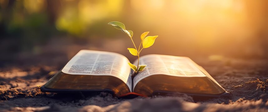 Close-up of a Book Growing Green Sprouts in the Morning Sun: Knowledge is Power, Bible Study Class Material