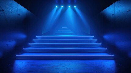 Fototapeta premium Neon Blue Staircase in a Dark Concrete Corridor