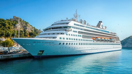 Massive white cruise ship docked at a tropical port, turquoise waters and clear blue sky, spacious copy space.